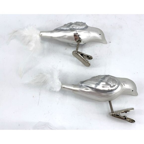 Glass Bird Christmas Ornaments Clip On White Silver Feather Tails Lot of 2 - Picture 4 of 6